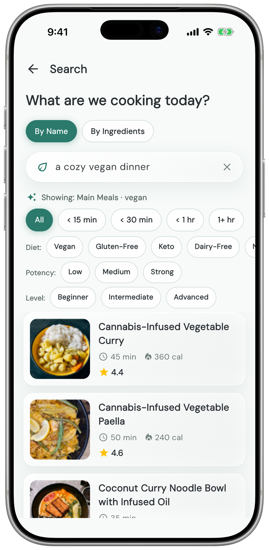 Canabee app smart search showing recipes that match the request a cozy vegan dinner